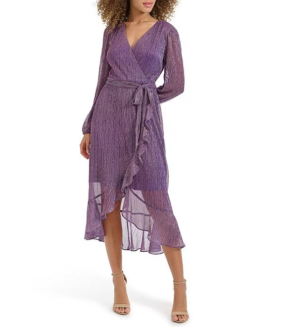 kensie Ruffled Faux-Wrap Dress Women's 4 Iris Tie Waist V-Neck Back Zip Closure