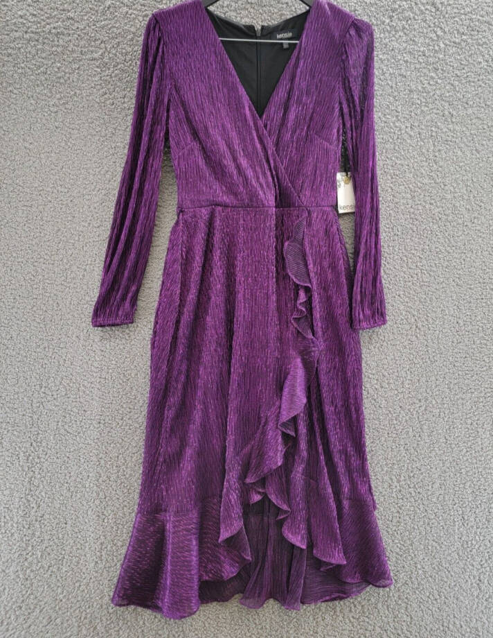 kensie Ruffled Faux-Wrap Dress Women's 4 Iris Tie Waist V-Neck Back Zip Closure