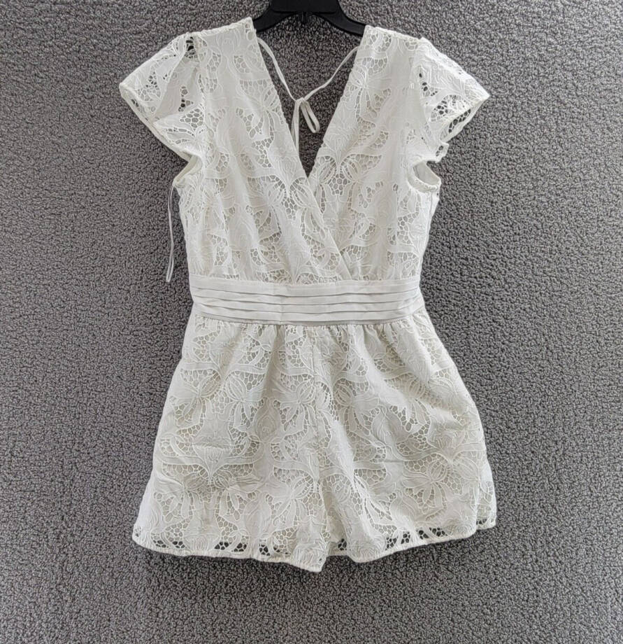 GUESS Chloe Ruffle-Sleeve Eyelet Smocked Romper Women's L White Back Zip S/S