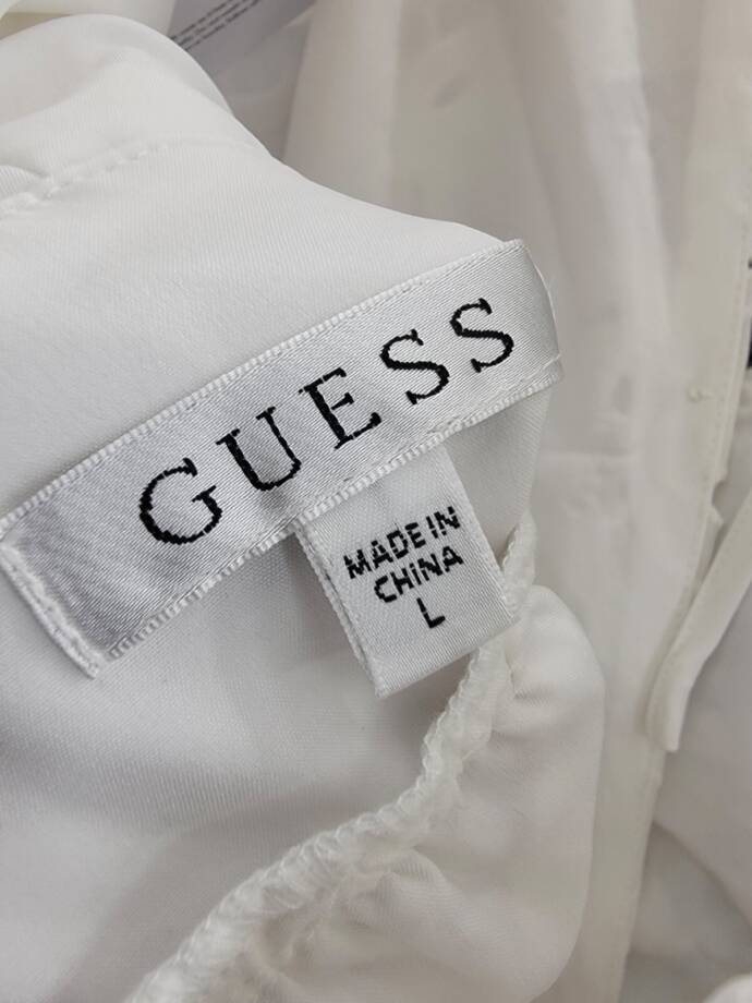 GUESS Chloe Ruffle-Sleeve Eyelet Smocked Romper Women's L White Back Zip S/S