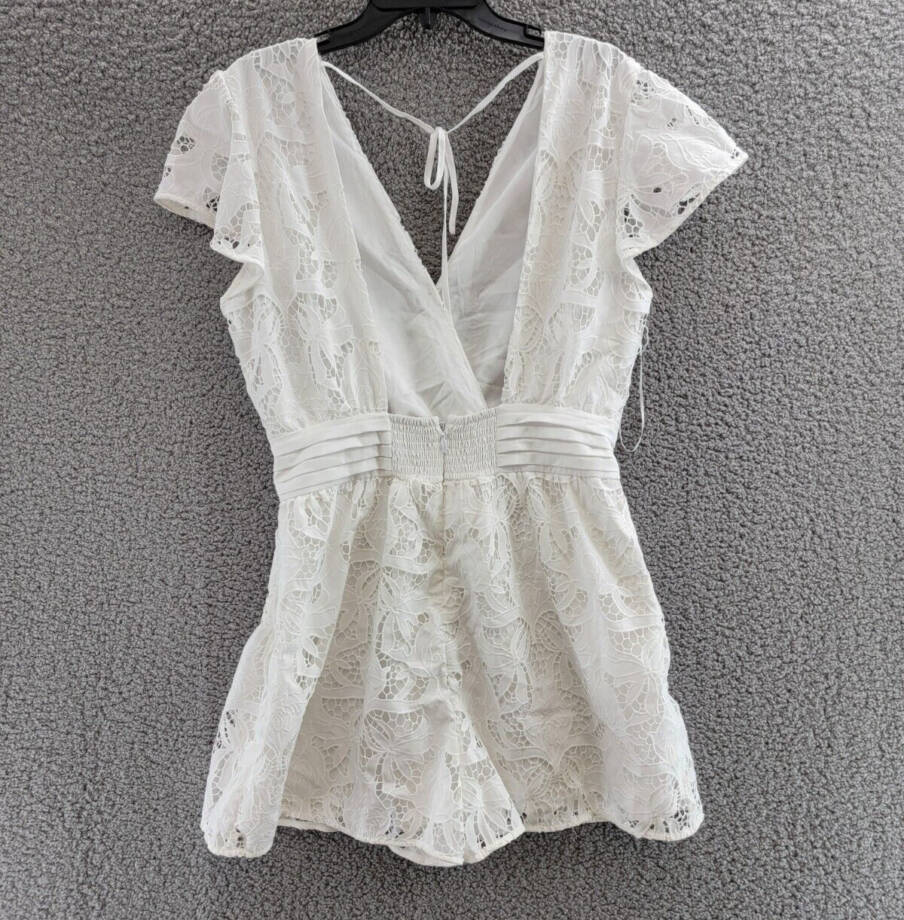 GUESS Chloe Ruffle-Sleeve Eyelet Smocked Romper Women's L White Back Zip S/S
