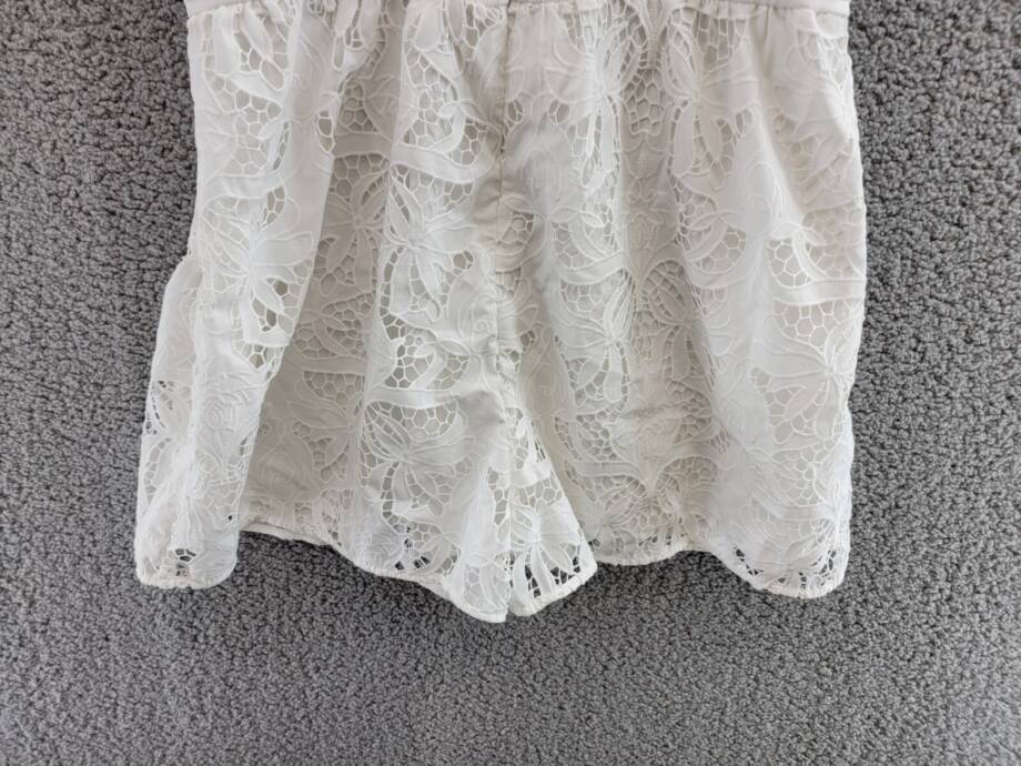 GUESS Chloe Ruffle-Sleeve Eyelet Smocked Romper Women's L White Back Zip S/S