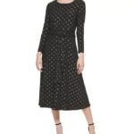 Tommy Hilfiger Plus Size Foil-Dot Midi Dress Women's 16W Black/Gold Back Zip L/S
