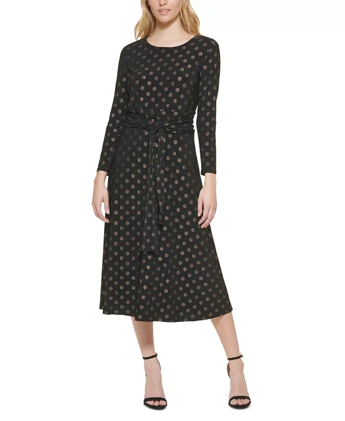 Tommy Hilfiger Plus Size Foil-Dot Midi Dress Women's 16W Black/Gold Back Zip L/S