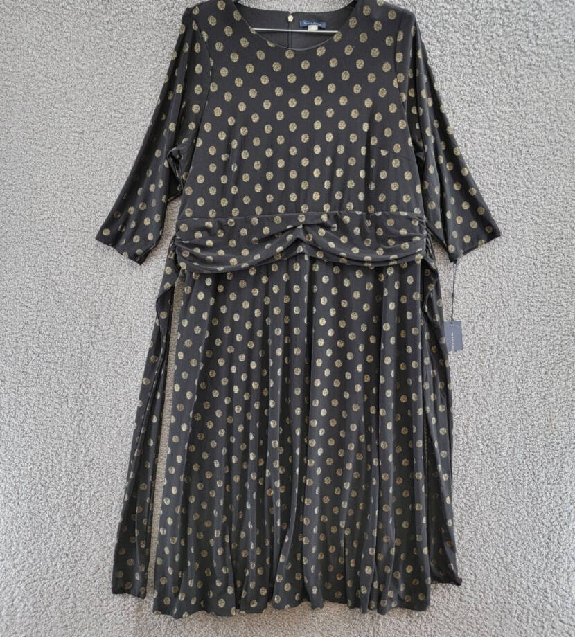 Tommy Hilfiger Plus Size Foil-Dot Midi Dress Women's 16W Black/Gold Back Zip L/S
