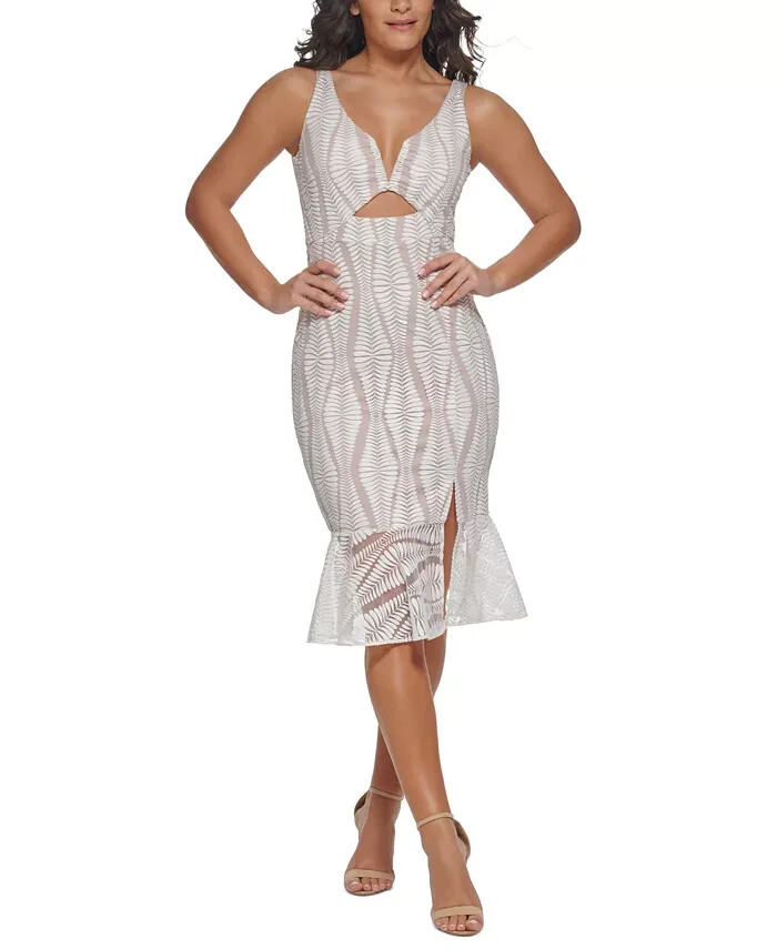 GUESS Embroidered Mesh Sleeveless Sheath Dress Women's 10 White/Nude Back Zip