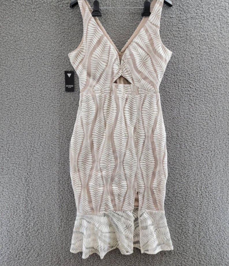 GUESS Embroidered Mesh Sleeveless Sheath Dress Women's 10 White/Nude Back Zip