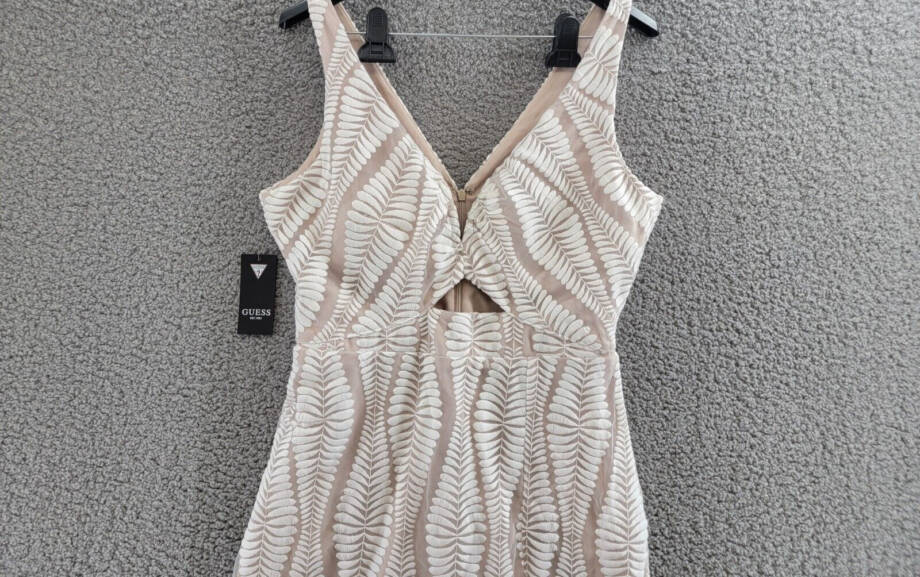 GUESS Embroidered Mesh Sleeveless Sheath Dress Women's 10 White/Nude Back Zip