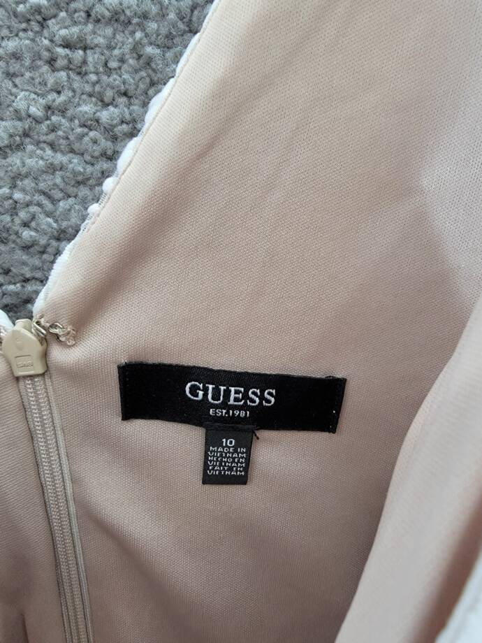 GUESS Embroidered Mesh Sleeveless Sheath Dress Women's 10 White/Nude Back Zip