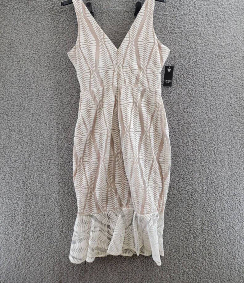 GUESS Embroidered Mesh Sleeveless Sheath Dress Women's 10 White/Nude Back Zip