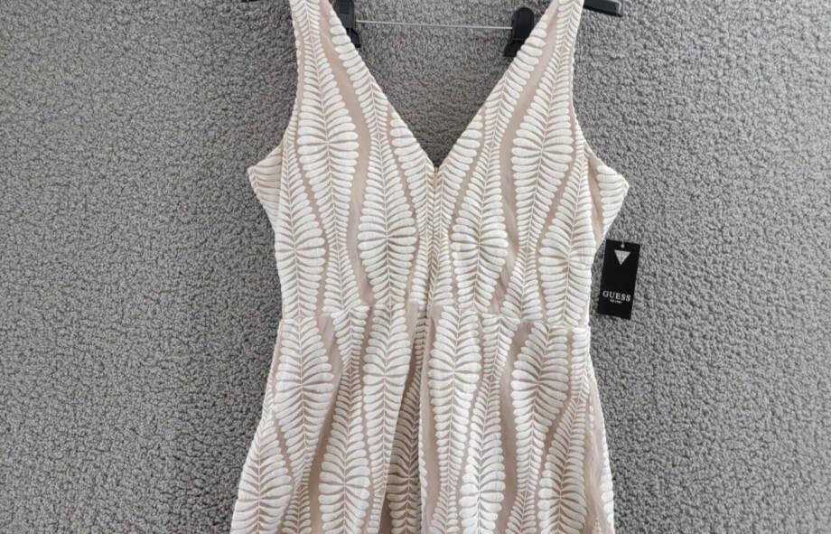 GUESS Embroidered Mesh Sleeveless Sheath Dress Women's 10 White/Nude Back Zip