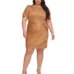 DKNY Plus Size Faux-Suede Sheath Dress Women's 16W Pecan Round Neck Back Zip S/S