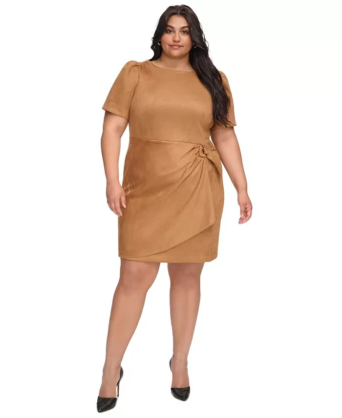 DKNY Plus Size Faux-Suede Sheath Dress Women's 16W Pecan Round Neck Back Zip S/S