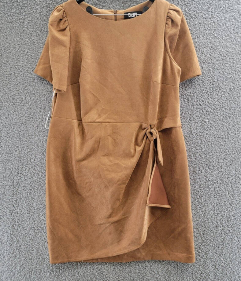 DKNY Plus Size Faux-Suede Sheath Dress Women's 16W Pecan Round Neck Back Zip S/S