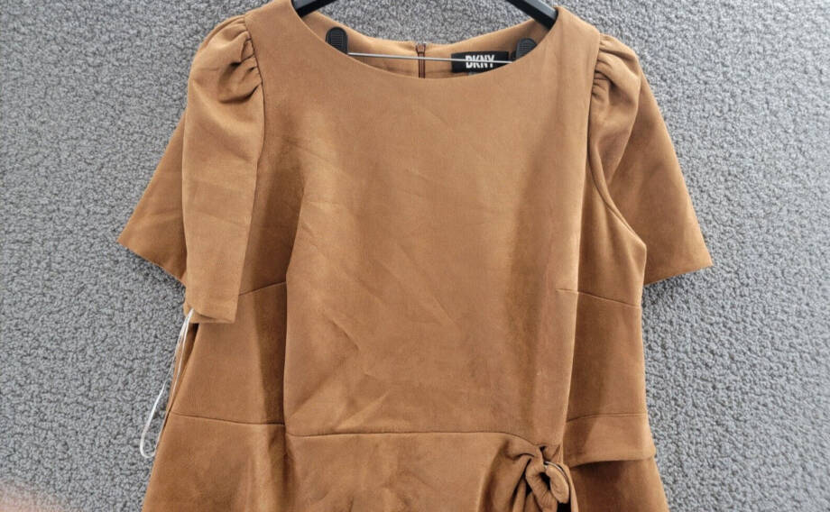 DKNY Plus Size Faux-Suede Sheath Dress Women's 16W Pecan Round Neck Back Zip S/S