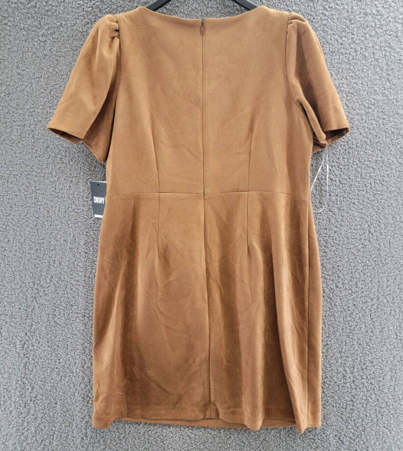 DKNY Plus Size Faux-Suede Sheath Dress Women's 16W Pecan Round Neck Back Zip S/S