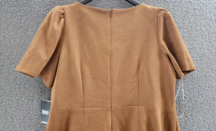 DKNY Plus Size Faux-Suede Sheath Dress Women's 16W Pecan Round Neck Back Zip S/S