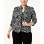Alex Evenings Plus Metallic Printed Twinset Top Womens 2X Black/White 3/4 Sleeve