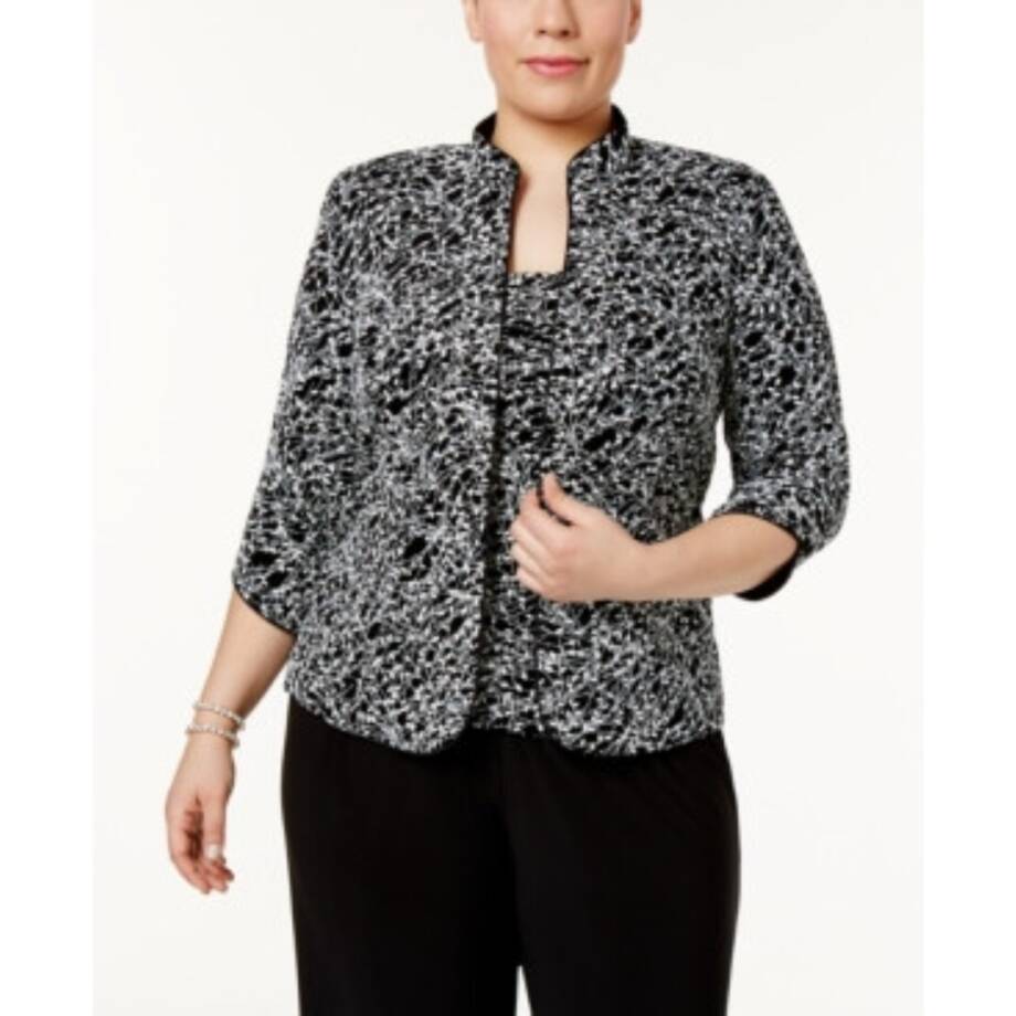 Alex Evenings Plus Metallic Printed Twinset Top Womens 2X Black/White 3/4 Sleeve