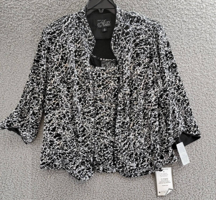 Alex Evenings Plus Metallic Printed Twinset Top Womens 2X Black/White 3/4 Sleeve