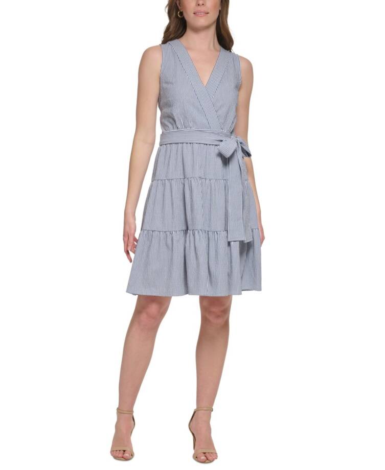 Tommy Hilfiger Petite Striped Sleeveless Wrap Dress Women's 10P Marina Blue