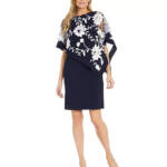 R & M Richards Floral-Embroidered Poncho Dress Women's 14 Navy/White Pullover