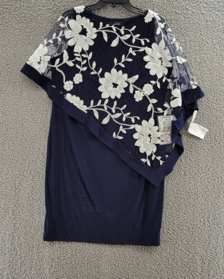 R & M Richards Floral-Embroidered Poncho Dress Women's 14 Navy/White Pullover