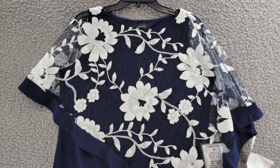 R & M Richards Floral-Embroidered Poncho Dress Women's 14 Navy/White Pullover