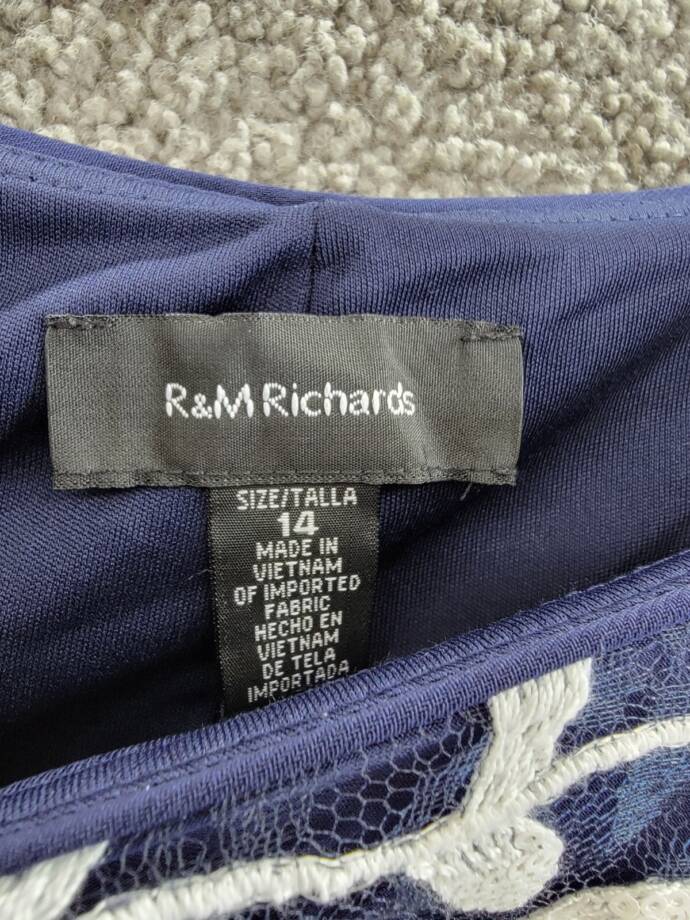 R & M Richards Floral-Embroidered Poncho Dress Women's 14 Navy/White Pullover