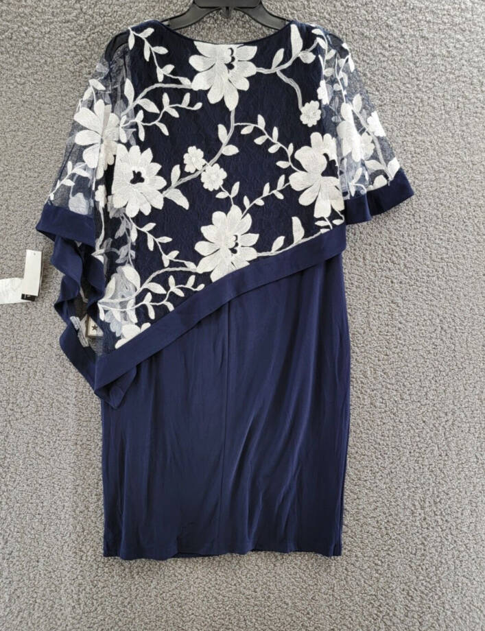 R & M Richards Floral-Embroidered Poncho Dress Women's 14 Navy/White Pullover