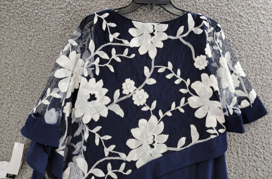 R & M Richards Floral-Embroidered Poncho Dress Women's 14 Navy/White Pullover