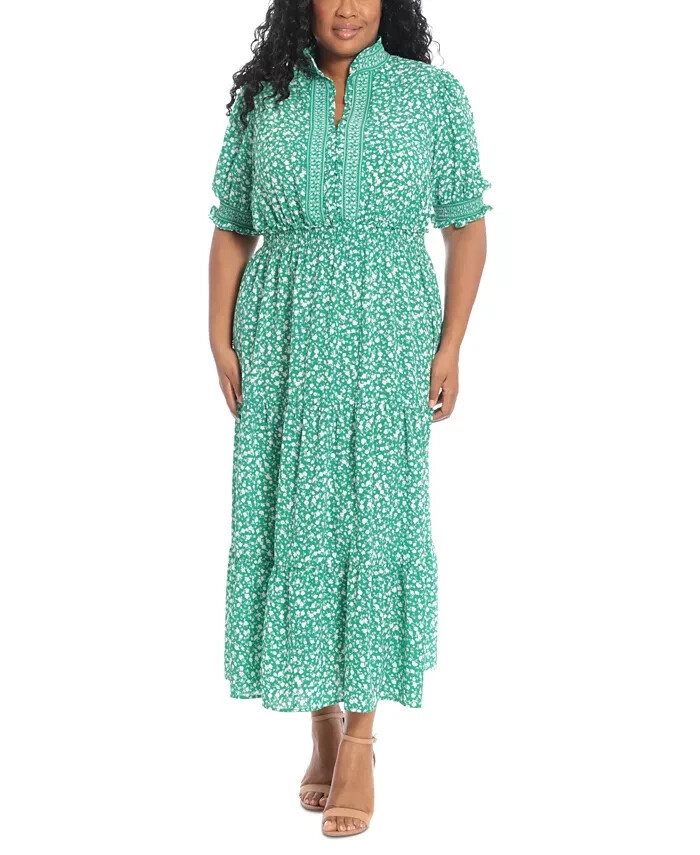 London Times Plus Size Floral-Print Tiered Maxi Dress Women's 16W Jade/White S/S