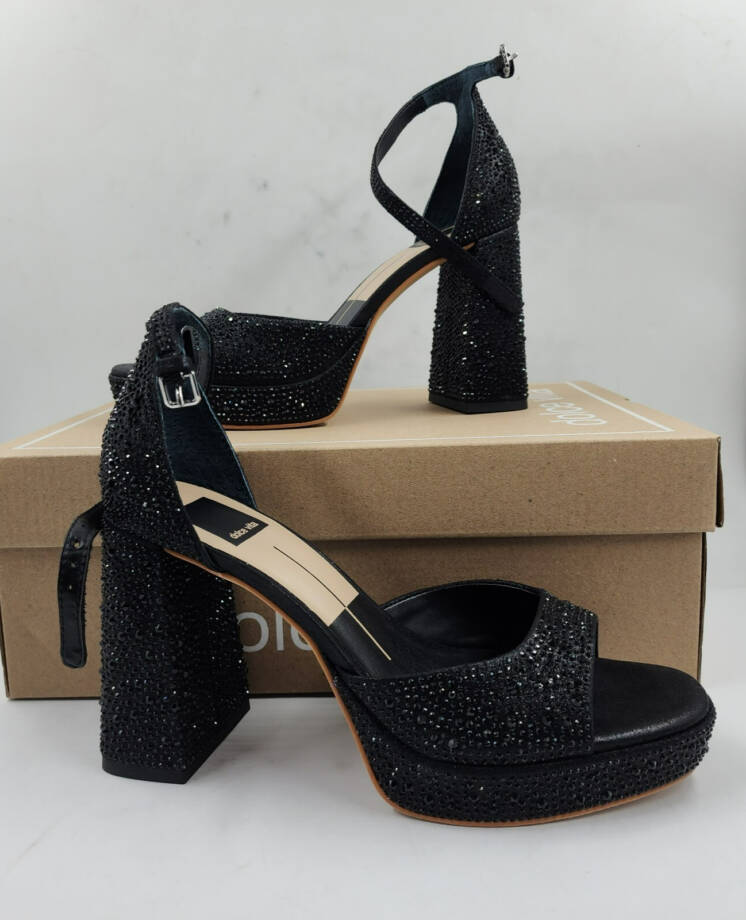Dolce Vita Pandro Crystal Embellished Block Heels Women's 7.5 Black Ankle Strap
