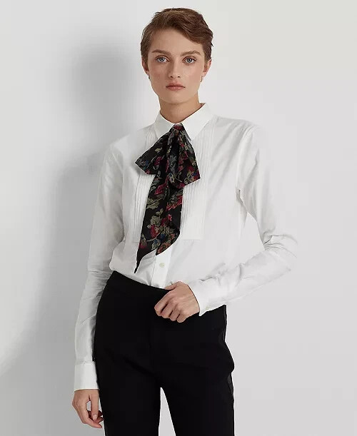 Lauren Ralph Lauren Pintucked Broadcloth Shirt Womens S White Long Sleeve Button