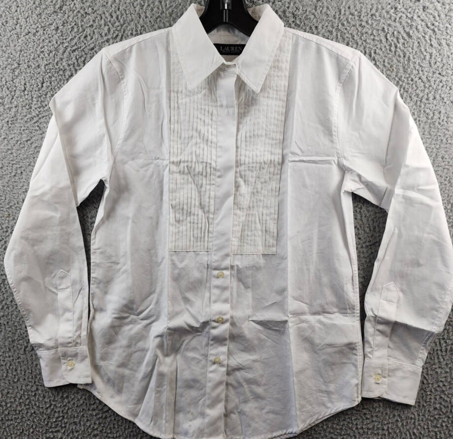Lauren Ralph Lauren Pintucked Broadcloth Shirt Womens S White Long Sleeve Button