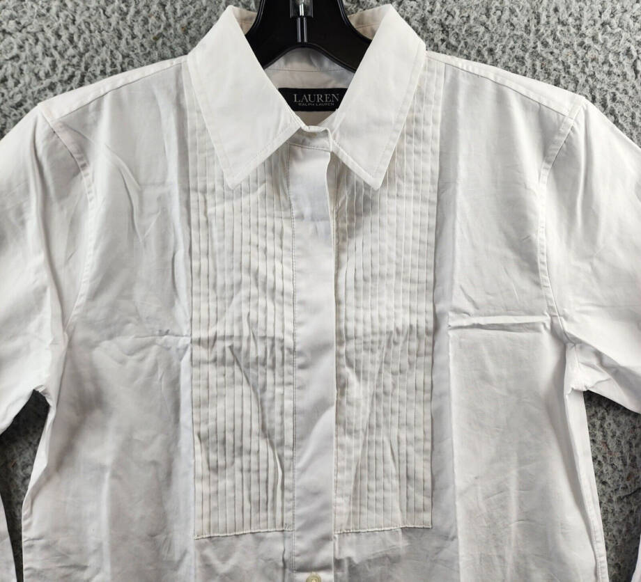 Lauren Ralph Lauren Pintucked Broadcloth Shirt Womens S White Long Sleeve Button