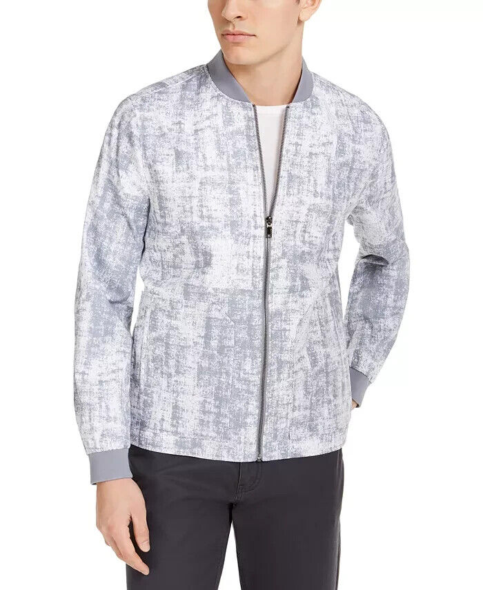 Alfani Printed Bomber Jacket Men's L Gray Full Zip Side Pockets Linen Blend L/S