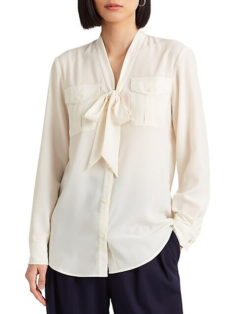 Lauren Ralph Lauren Crepe Tie-Neck Shirt Women's M Winter Cream Pockets L/S