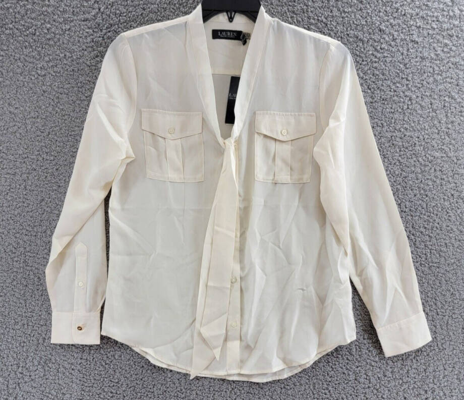 Lauren Ralph Lauren Crepe Tie-Neck Shirt Women's M Winter Cream Pockets L/S