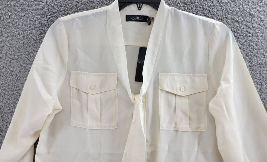 Lauren Ralph Lauren Crepe Tie-Neck Shirt Women's M Winter Cream Pockets L/S