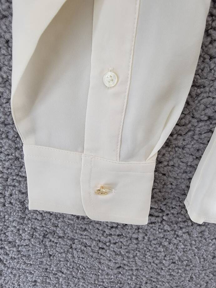 Lauren Ralph Lauren Crepe Tie-Neck Shirt Women's M Winter Cream Pockets L/S