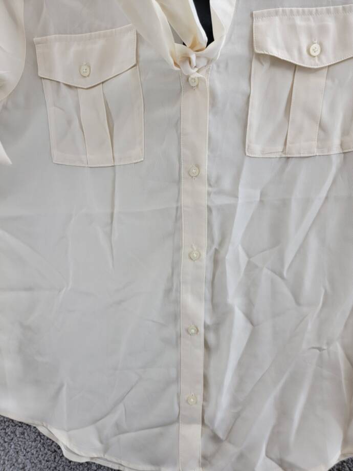 Lauren Ralph Lauren Crepe Tie-Neck Shirt Women's M Winter Cream Pockets L/S