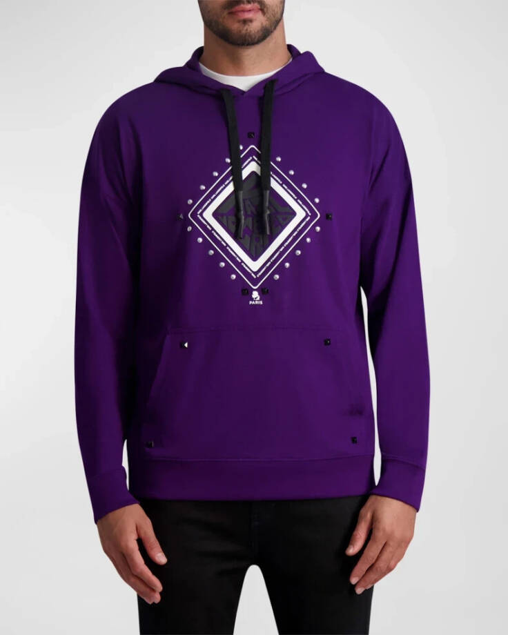 Karl Lagerfeld Paris Studded Diamond-Shaped Logo Hoodie Men's L Purple Pullover
