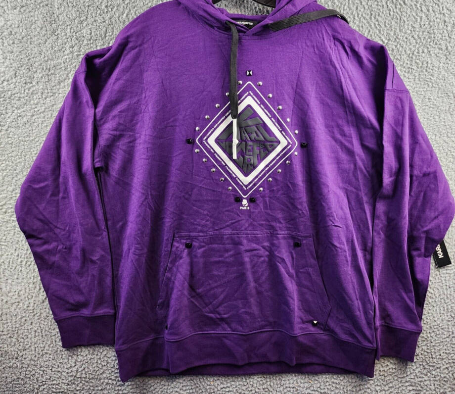 Karl Lagerfeld Paris Studded Diamond-Shaped Logo Hoodie Men's L Purple Pullover