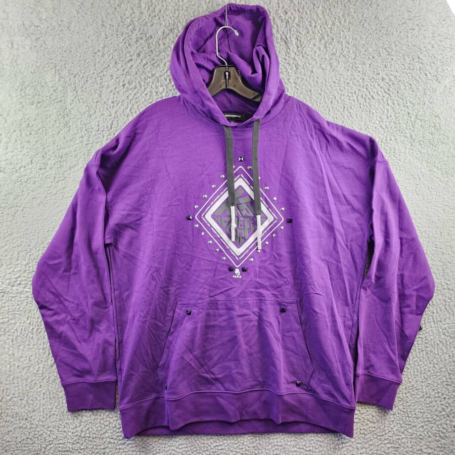 Karl Lagerfeld Paris Studded Diamond-Shaped Logo Hoodie Men's L Purple Pullover