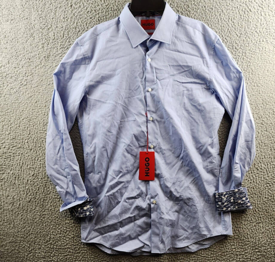 HUGO Koey Kent Slim Fit Button-Front Dress Shirt Men's 39 15.5 Light Pastel Blue