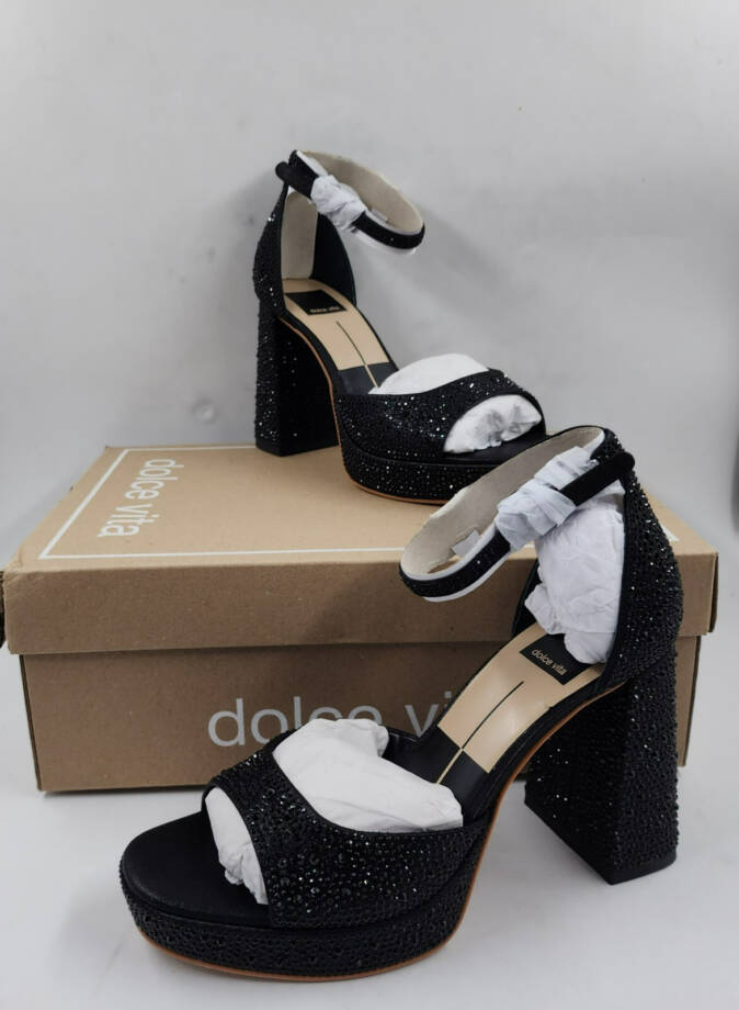 Dolce Vita Pandro Crystal Embellished Block Heels Women's 8 Black Ankle Strap