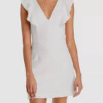 French Connection Whisper Ruffled V-Neck Mini Dress Women's 6 White Zip Closure