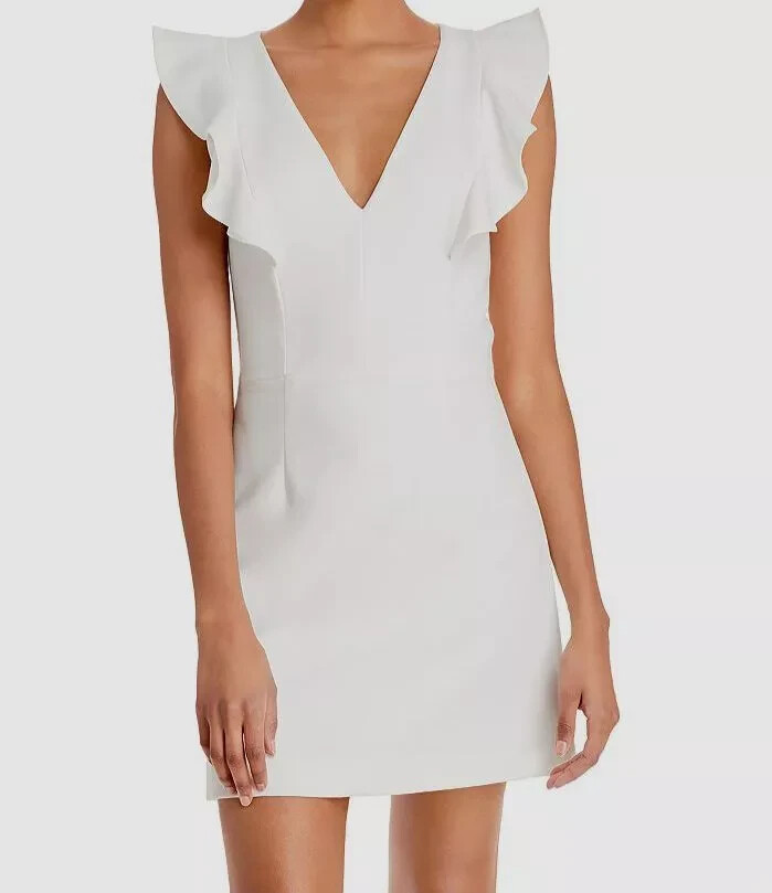 French Connection Whisper Ruffled V-Neck Mini Dress Women's 6 White Zip Closure