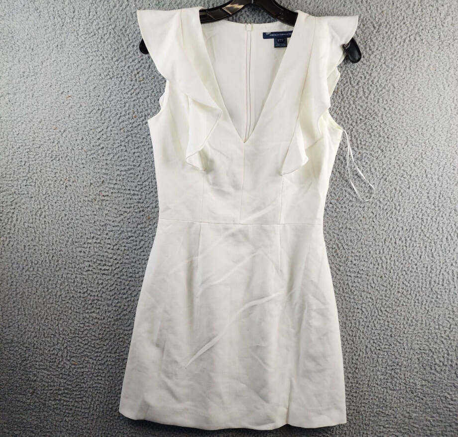 French Connection Whisper Ruffled V-Neck Mini Dress Women's 6 White Zip Closure